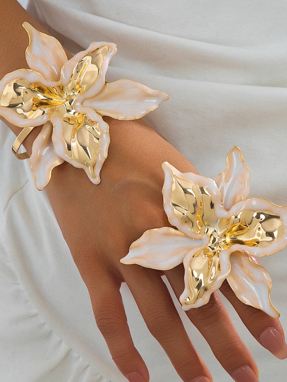 Anthropologie Gold and Cream Floral Cuff Bracelet Set